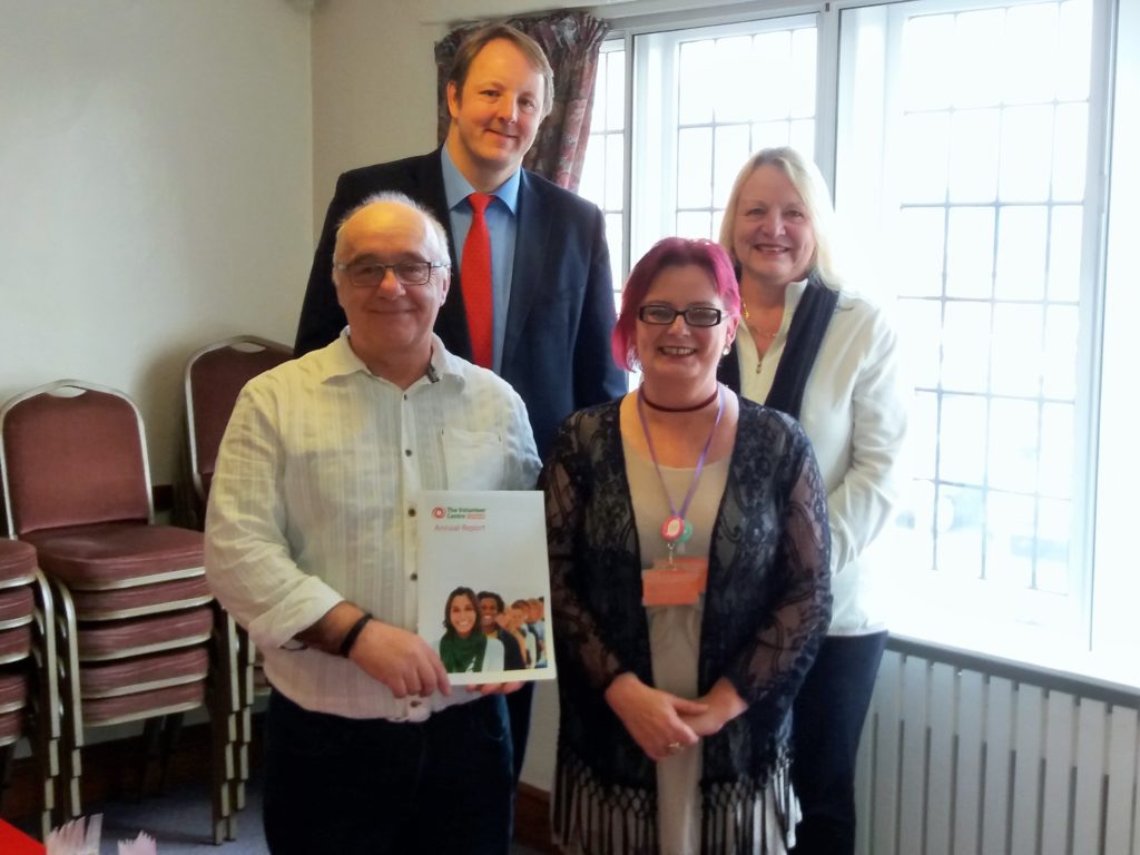 Toby with centre manager, Dave Radford, outgoing chair, Sheelagh Hanson, and newly-elected chair, Fee Unwin