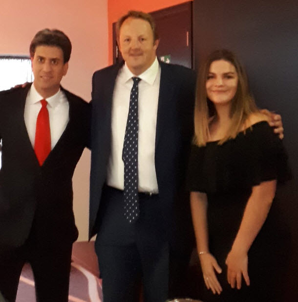Former Labour leader, Ed Miliband, with Toby and Lucy at the Chesterfield Labour Party gala dinner
