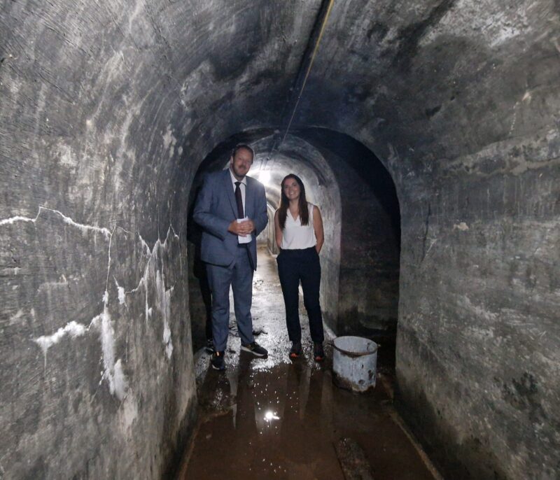 Toby and headteacher, Katie Parr, in one of the shelters